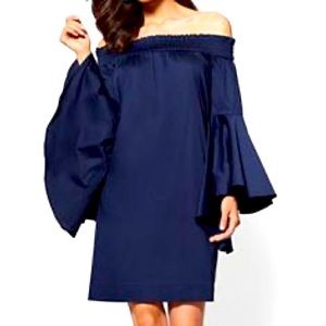 NWT XS Navy Blue Sheath Off the Shoulder Dress Bell Flare Sleeves Eyelet Neck